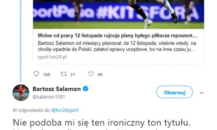 Bartosz Salamon wyjaśnia wpis ''TVN24 Sport''